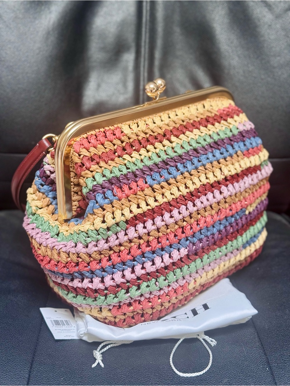 NWT COACH MULTICOLOR STRAW LARGE KISSLOCK 27 BAG CDZ29 In Multi - Picture 2 of 13